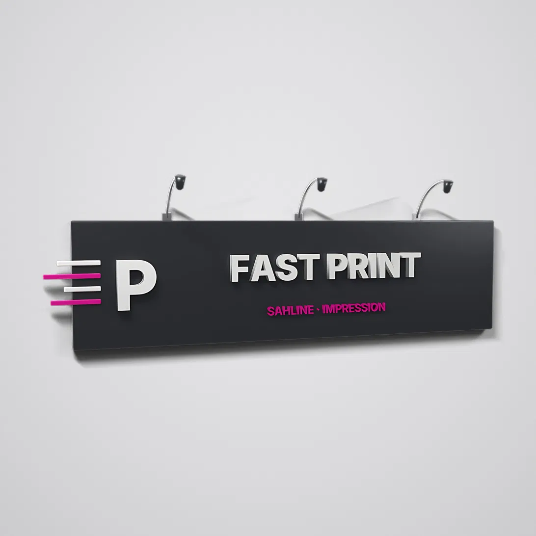 Enseigne Fast Print en lettres 3D éclairée par des spots