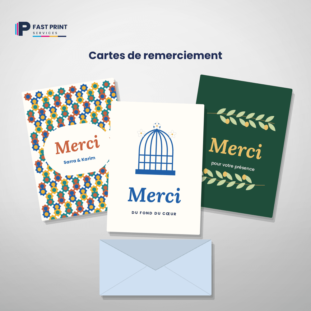 Cartes de remerciement en trois styles, avec enveloppe