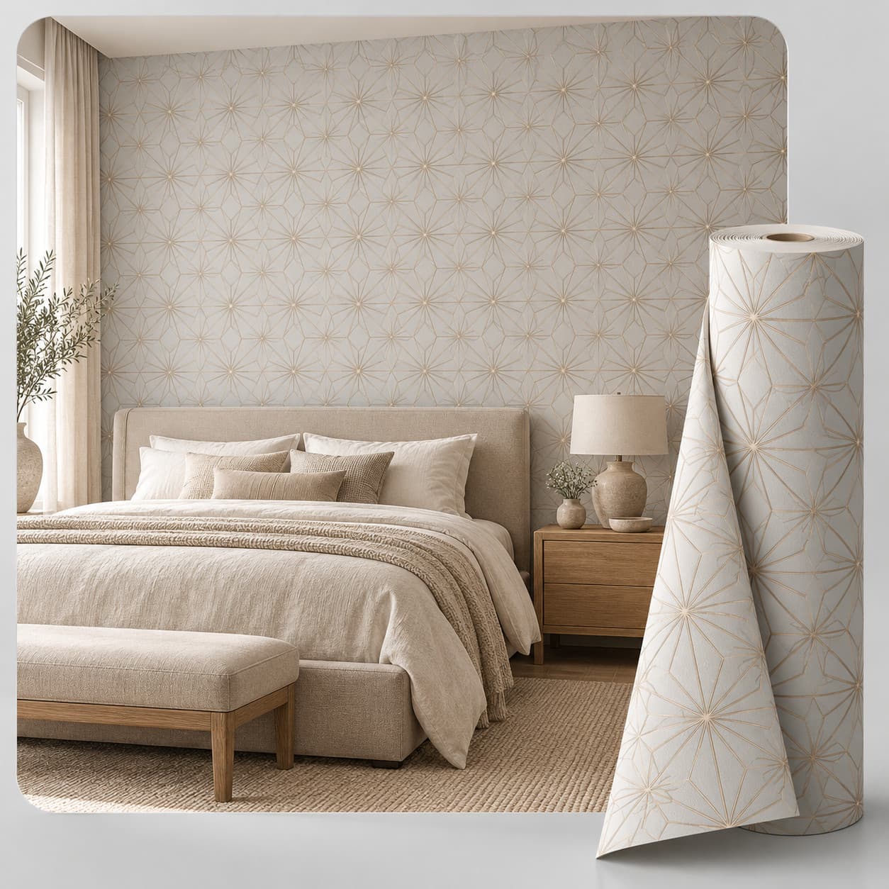 Papier peint à étoiles dorées posé dans une chambre, avec un rouleau déroulé au premier plan