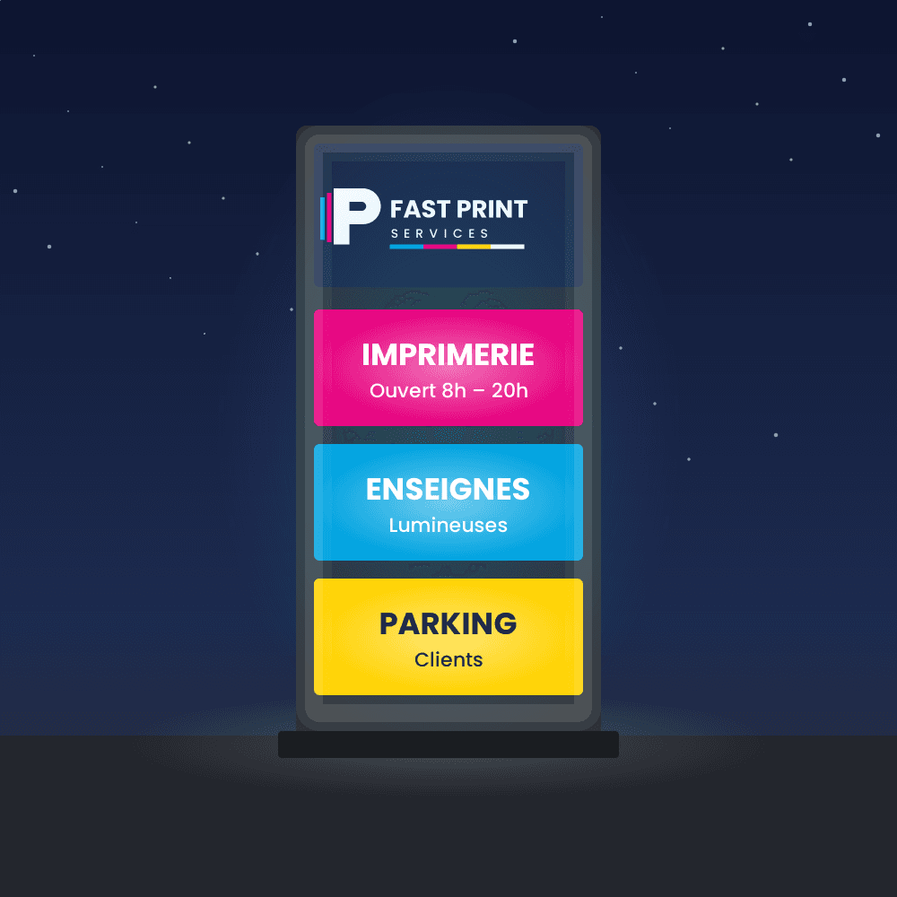 Totem lumineux avec panneaux Imprimerie, Enseignes et Parking