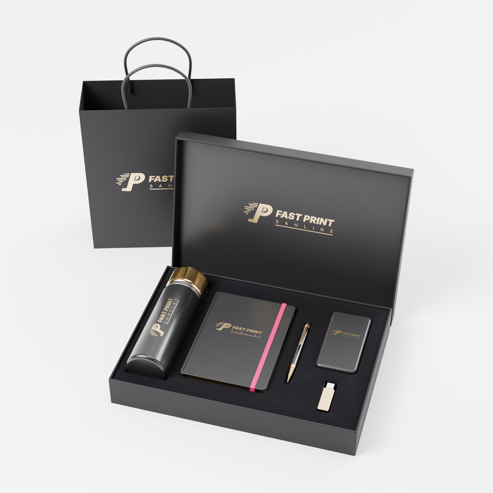 Coffret cadeau 5 pièces : gourde, carnet, stylo, batterie externe et clé USB marqués au logo, avec son sac