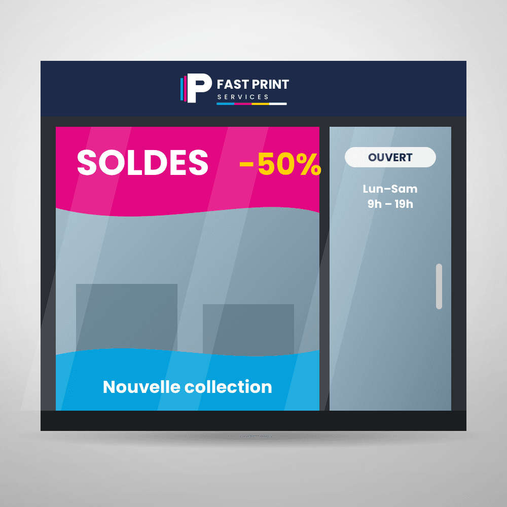 Vitrine habillée d’adhésifs : soldes, nouvelle collection et horaires