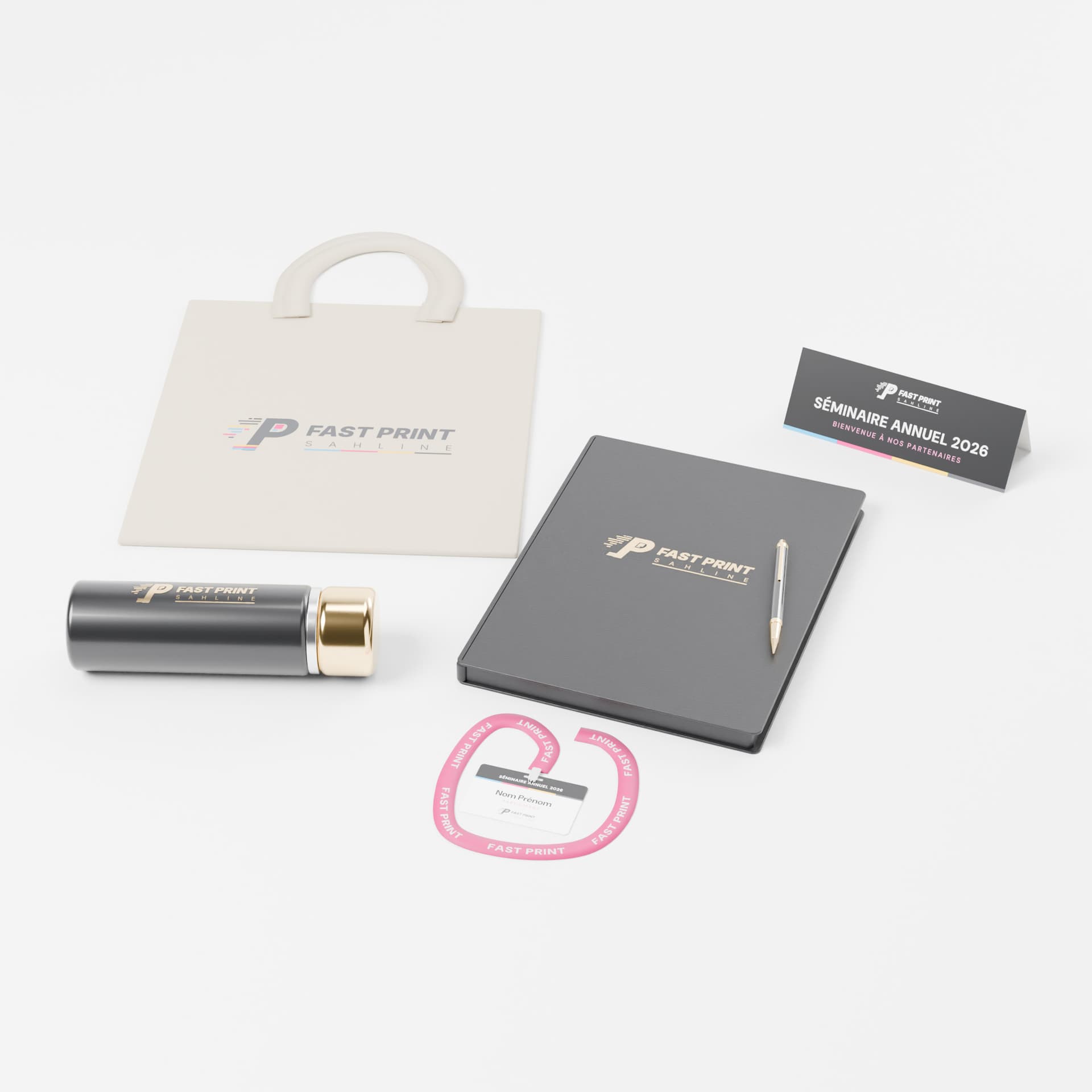 Kit séminaire : tote bag, gourde, conférencier, stylo, badge et chevalet de table