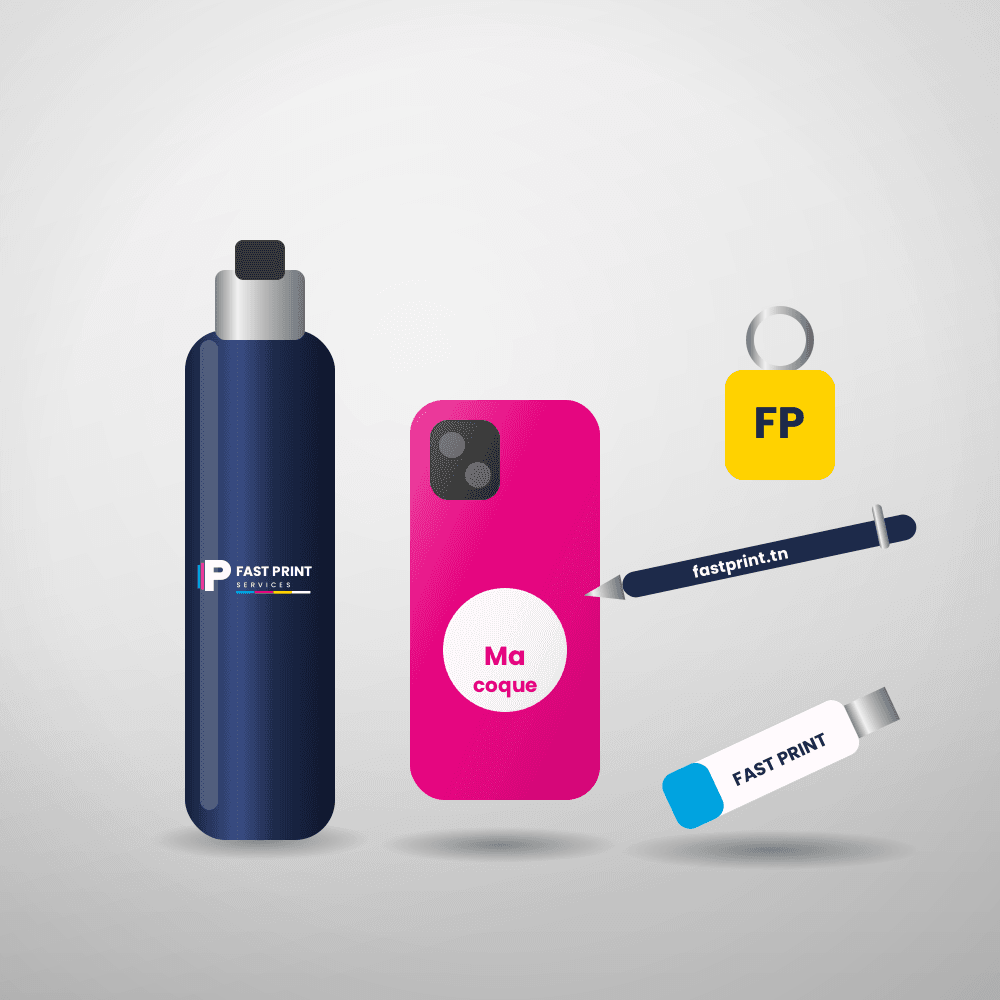 Gourde, coque de téléphone, porte-clés, stylo et clé USB personnalisés