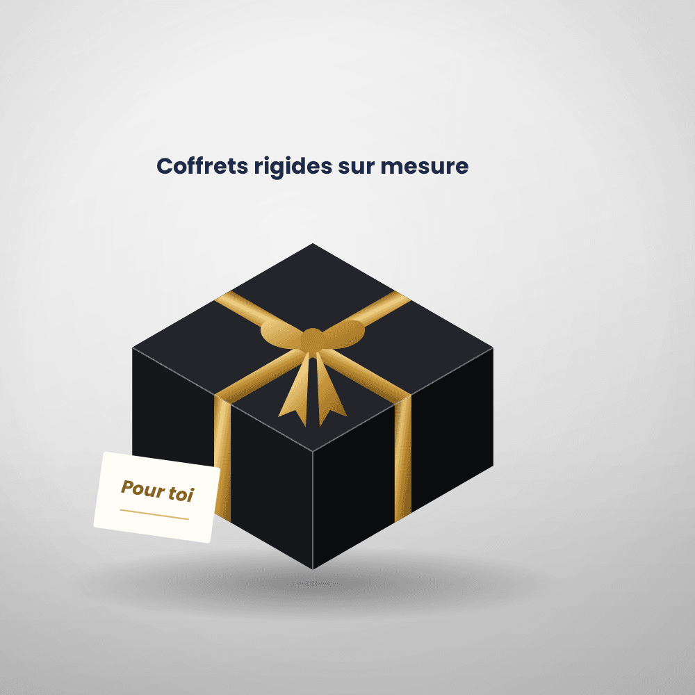 Coffret rigide noir sur mesure avec ruban doré