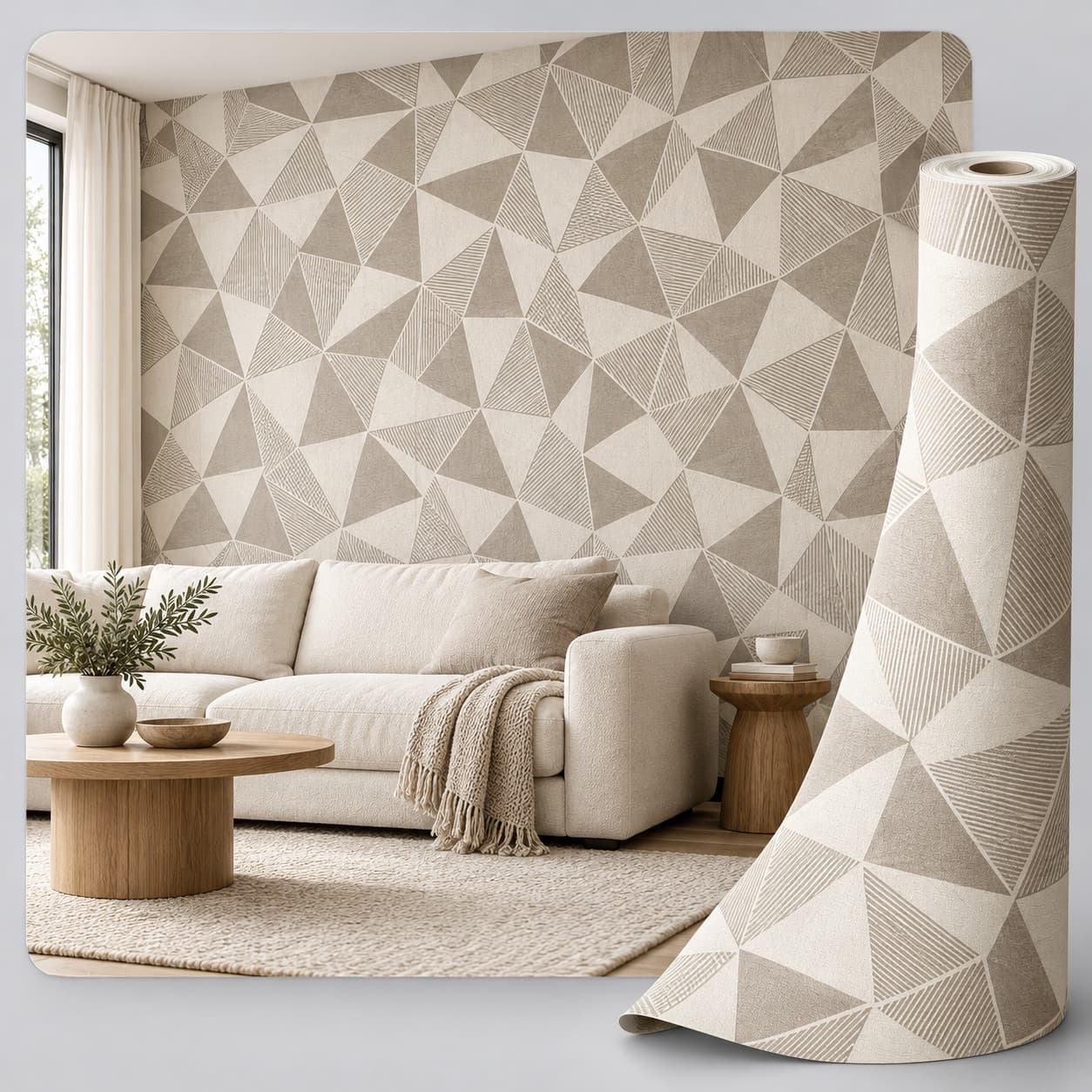 Papier peint à triangles beige et taupe posé dans un salon, avec un rouleau déroulé au premier plan