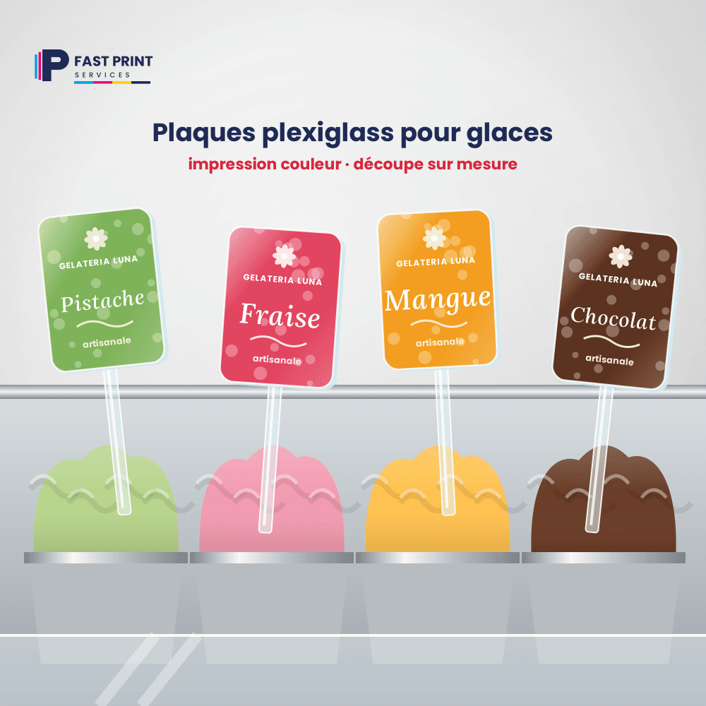 Pique-étiquettes en plexiglass pour glaces, imprimés en couleur et découpés sur mesure