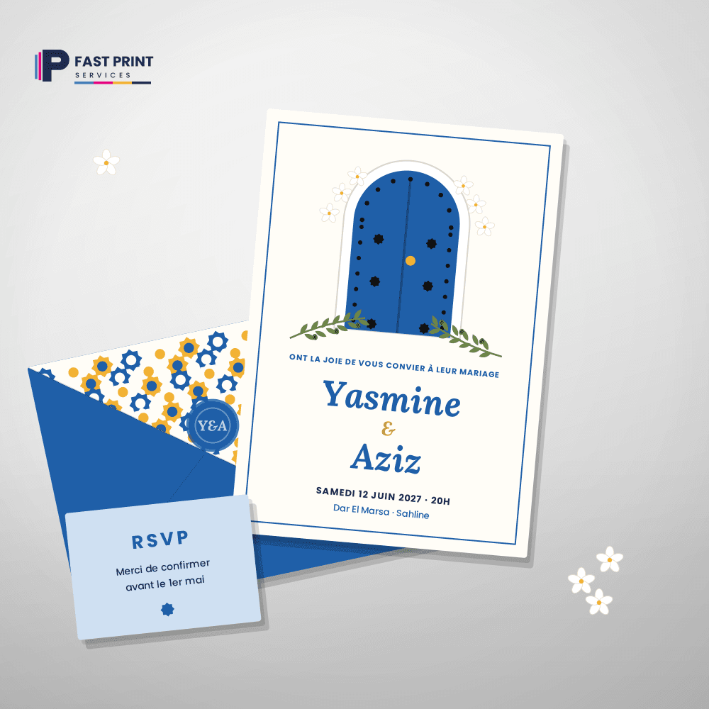 Faire-part de mariage à la porte bleue, avec carte RSVP et enveloppe
