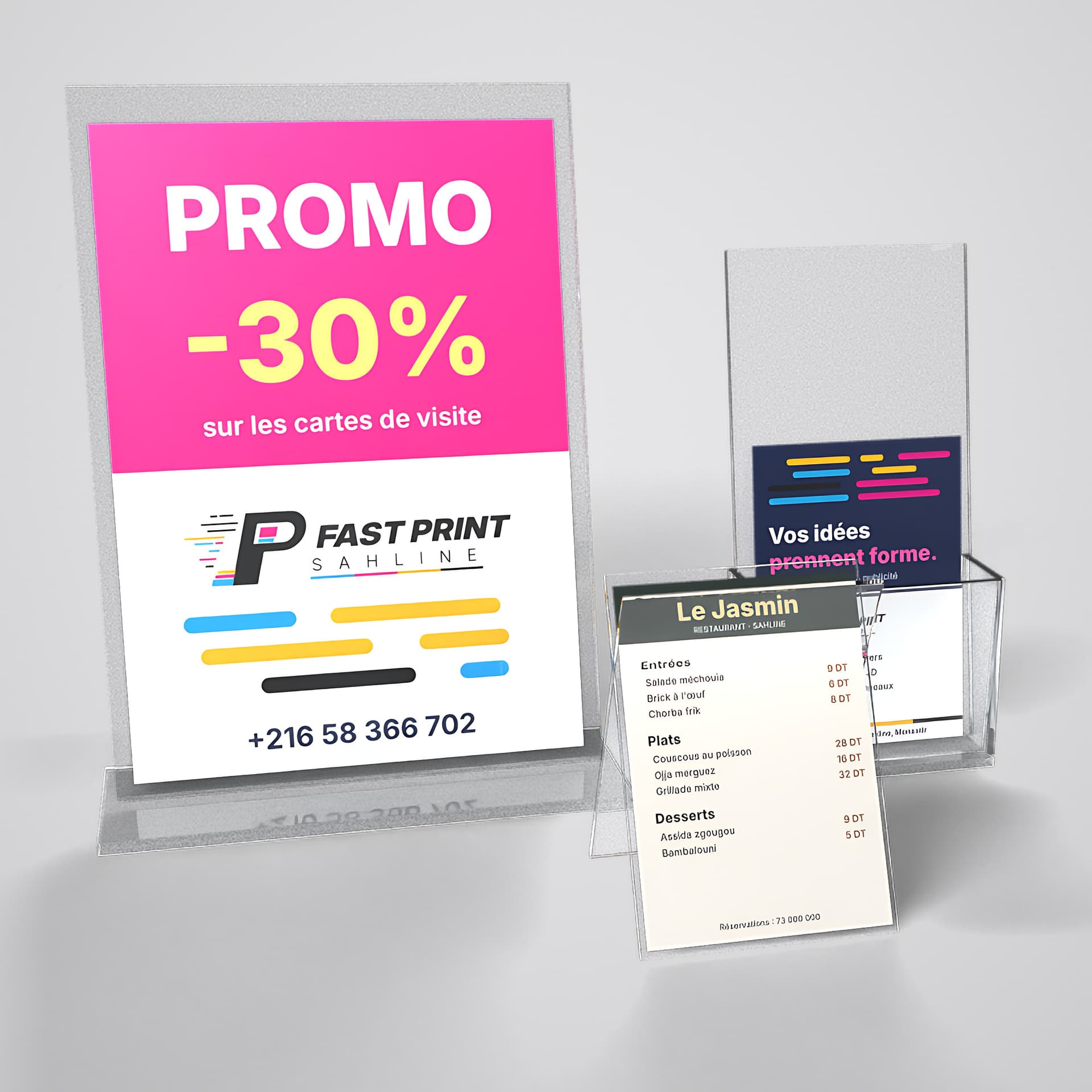 Présentoirs de comptoir en plexiglass avec affiche promo et menu