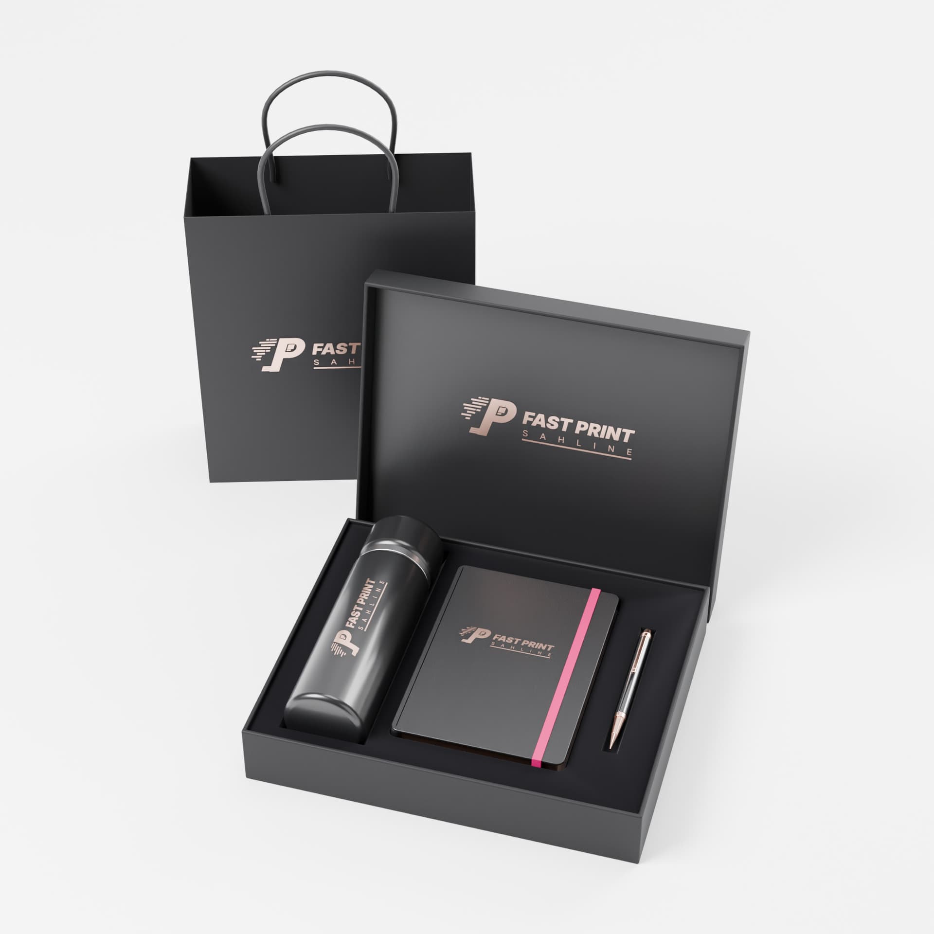 Coffret cadeau 3 pièces : gourde, carnet et stylo marqués au logo, avec son sac