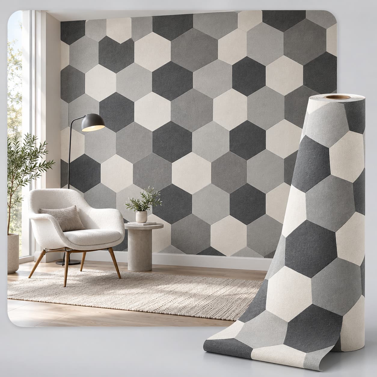 Papier peint à hexagones gris posé près d’un fauteuil, avec un rouleau déroulé au premier plan